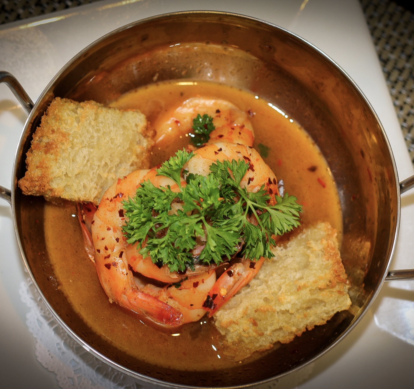 Gambas al ajillo with toasted focaccia
